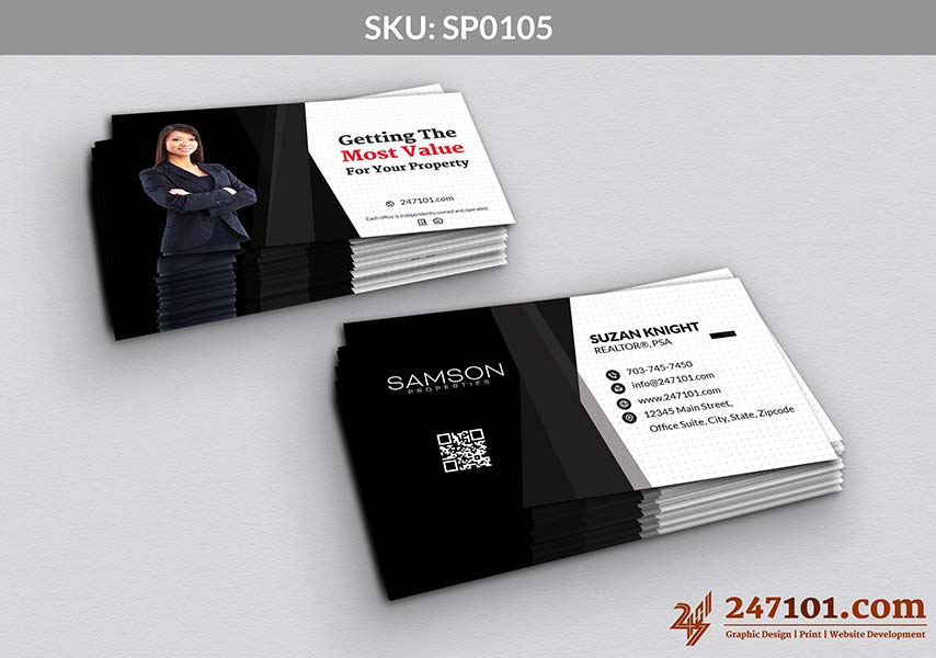 Business Cards with White Polka Dots and Black Texture with Agent Profile Photo