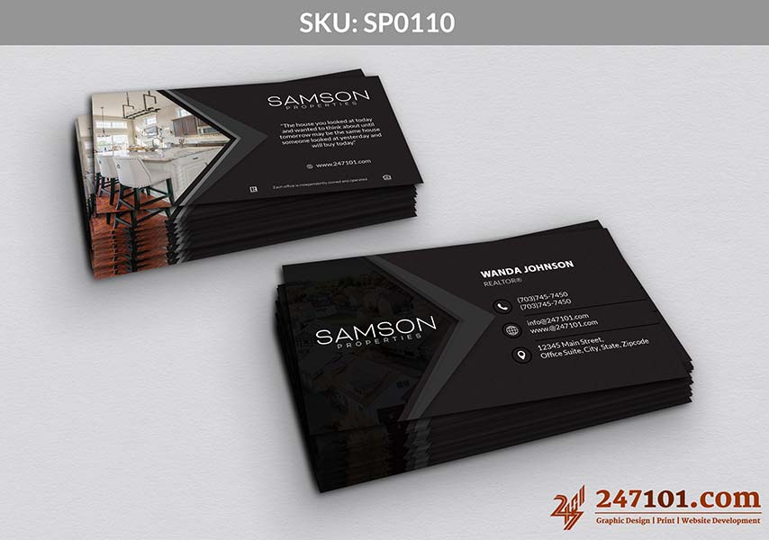 Samson Properties Business Cards with Black Texture and Image and White Text on Both Sides
