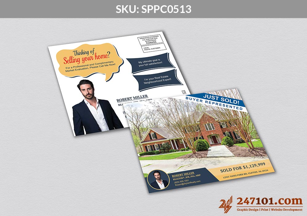 Just Sold Mailers for Real Estate Agents for Samson Properties - Blue and Golden Color Scheme