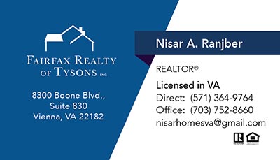 Business Cards for Fairfax Realty of Tysons Agent - Nisar A. Ranjber